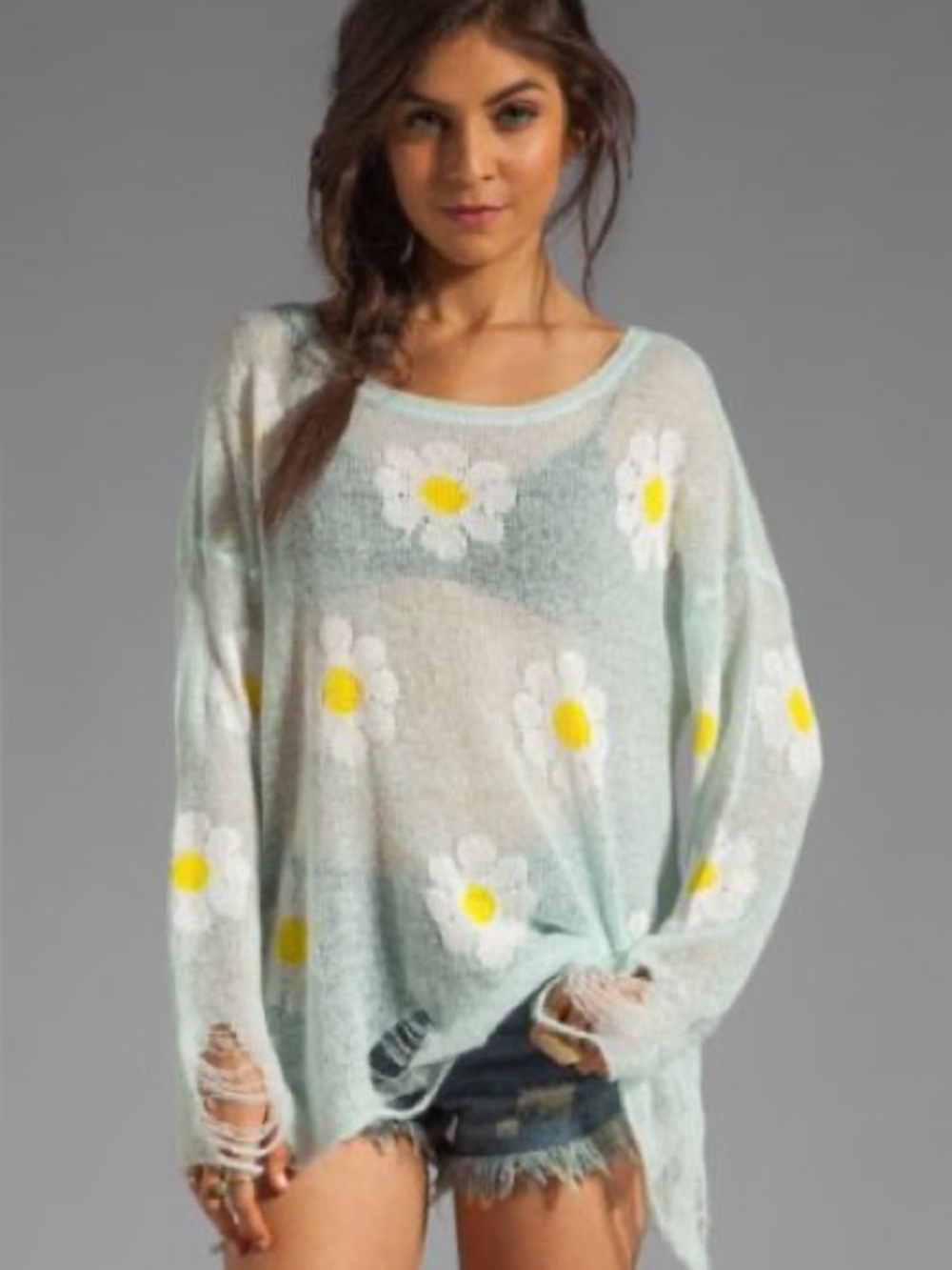 Wildfox Sz XS Light Blue Daisies Knit distressed Relaxed Beachy sweater